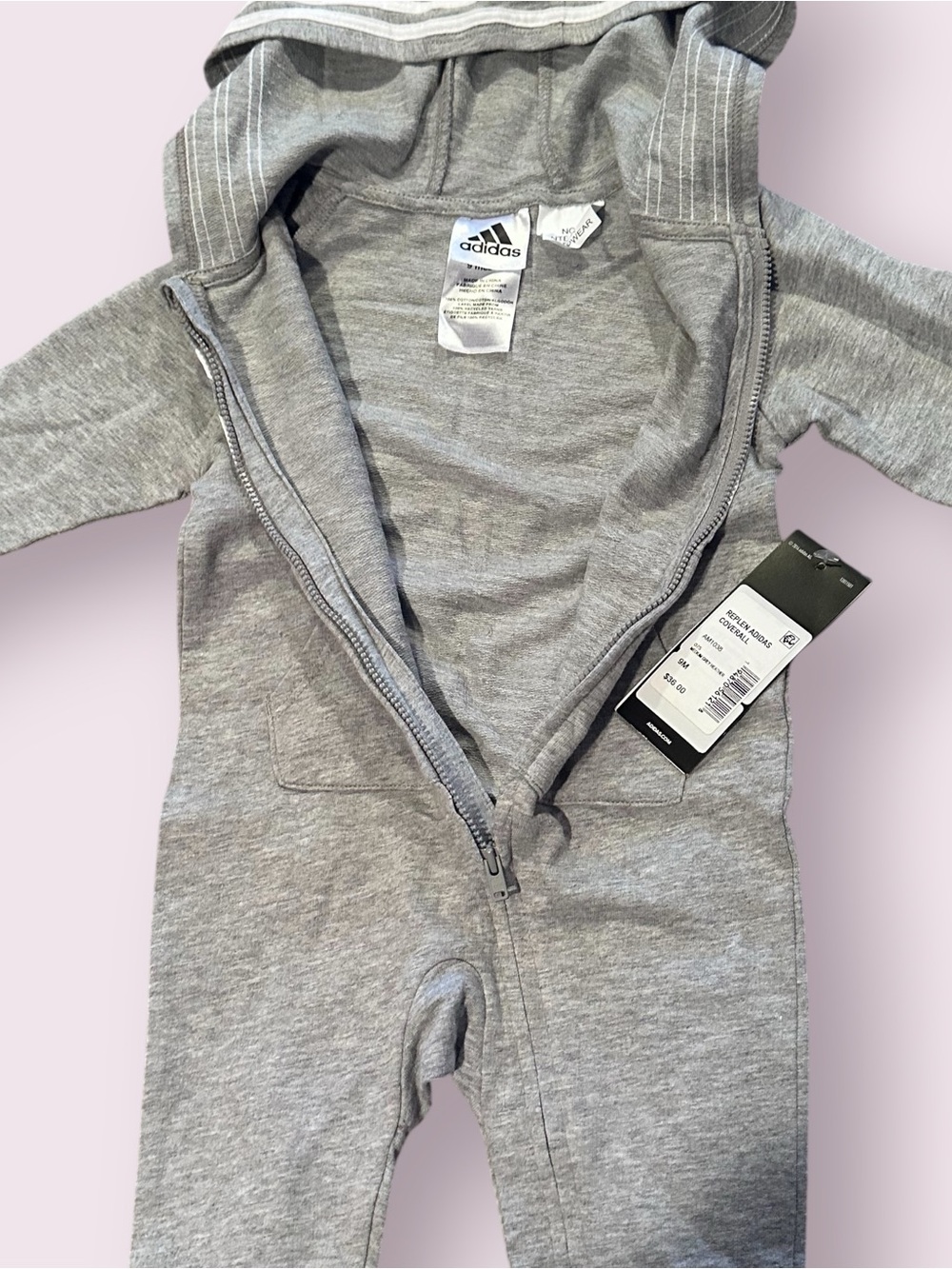 NWT adidas Zip Front Grey Hooded Baby One-Piece Romper Size 9 Months - Picture 7 of 10